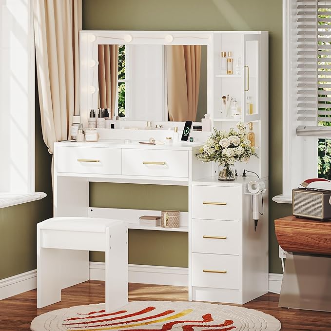 Makeup Vanity with Lights & Charging Station, White Vanity Table with 5 Drawers & Open Storage Shelves ， Bedroom Makeup Dressing Table Set for Women Girls