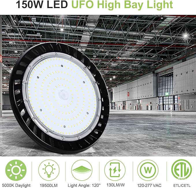 hykolity 6 Pack LED High Bay Light 150W, 5000K UFO LED High Bay Light Fixture with US Plug [450W MH/HPS Equiv.] 100-277V, 19,500lm, IP65 Commercial Warehouse Area Light for Wet Location