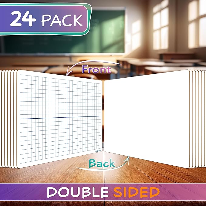 Scribbledo 24 Pack Dry Erase XY Axis Graph Lap Board 9" X 12" for Student and Classroom Use, Math White Board - Double Sided With 24 Erasers Included