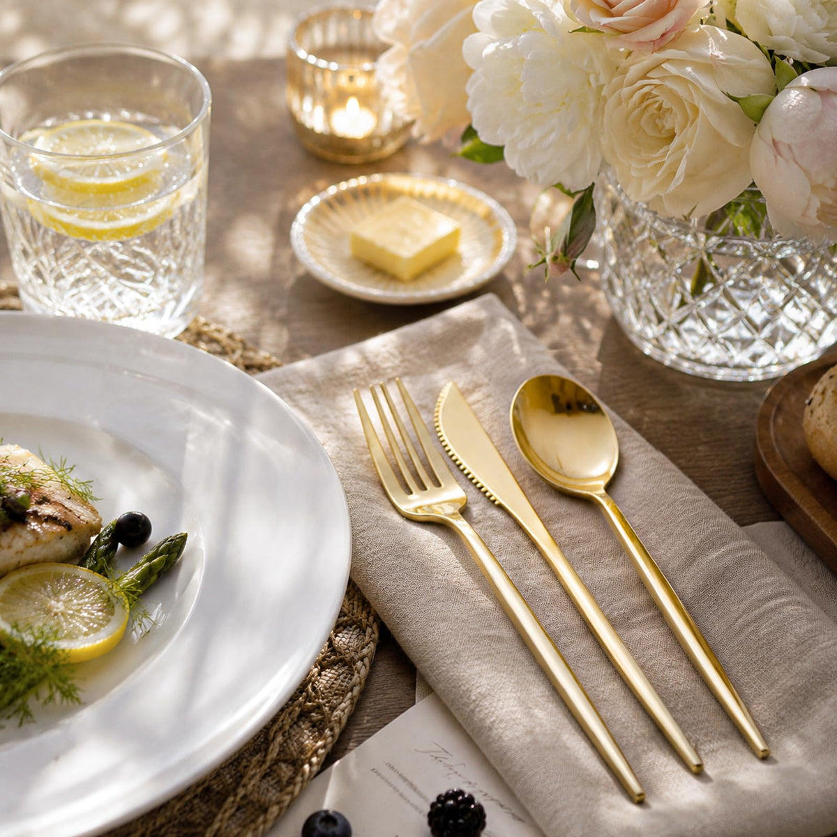 PULOTE 300PCS Gold Plastic Silverware Set Disposable - Heavy Duty Gold Utensils Set - Plastic Cutlery Disposable - Include 100 Knives, 100 Forks, 100 Spoons for Party & Wedding