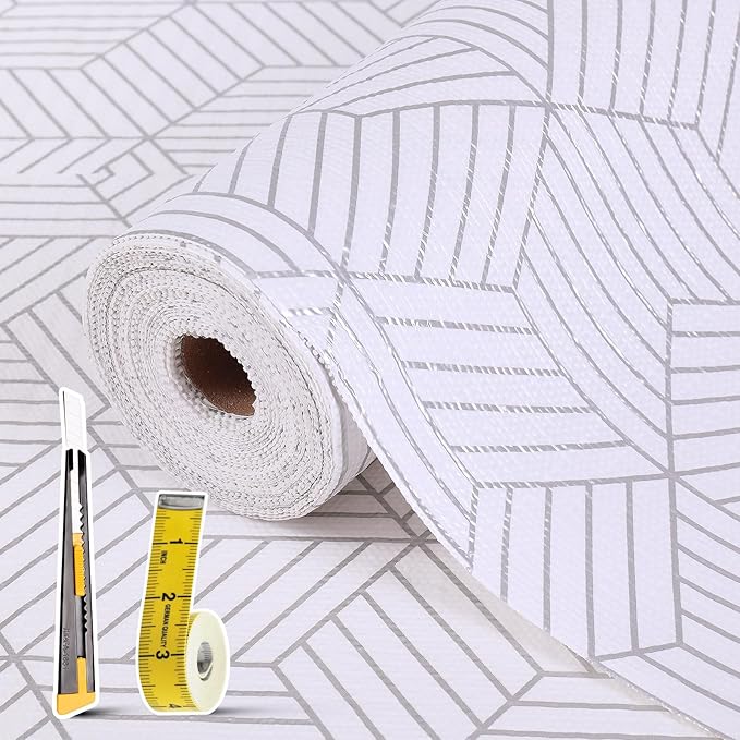 Shelf Liners for Kitchen Cabinets 12in x 10FT, Non Adhesive Cabinet Liner Strong Non-Slip Thickened Silver Geometric Easy to Clean for Shelf, Cabinet, Refrigerator with Knife and Tape Measure
