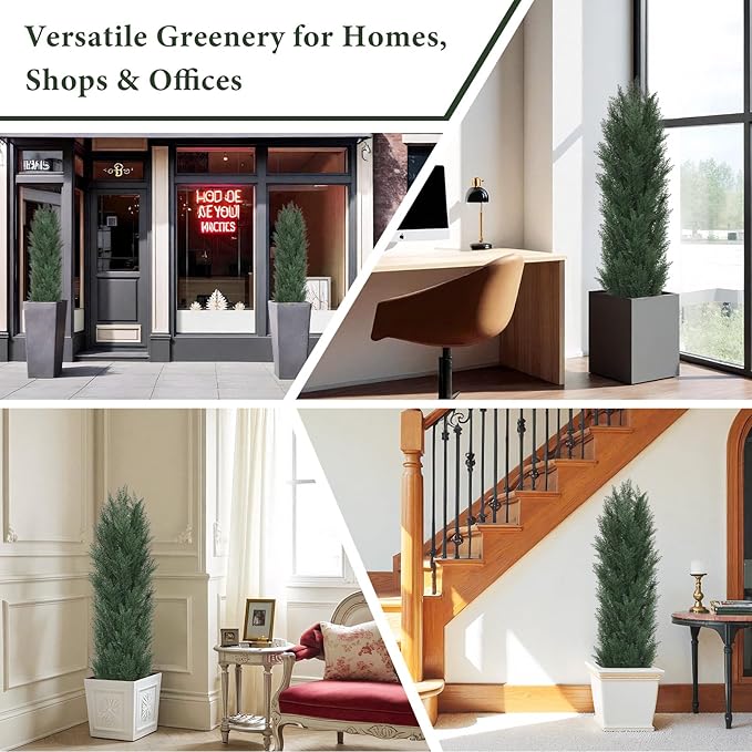 THE BLOOM TIMES 5ft Topiary Trees Artificial Outdoor Set of 2, UV Resistant Faux Cedar Pine Cypress Bushes & Shrubs, Fake Plants for Front Porch Outside Planter Patio Christmas Decor 5 Foot Tall
