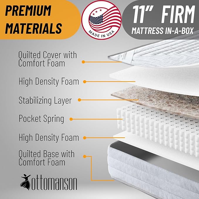 Ottomanson Twin 11" Safari Firm Hybrid Mattress - Made in USA - Unyielding Support & Durability - Individually Pocketed Coils & CertiPUR-US Foam - Fiberglass-Free - Bed in a Box