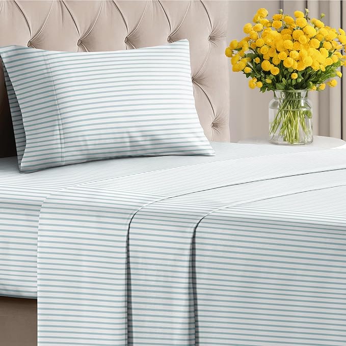 Striped Sheets - Blue & White Striped Sheets - 1 Flat & 1 Fitted & 1 Pillowcase w/ Deep Pockets – Wrinkle & Fade Free - Soft, Breathable & Cooling - Luxury Pinstripe Bedding - Twin XL Size Bed Set