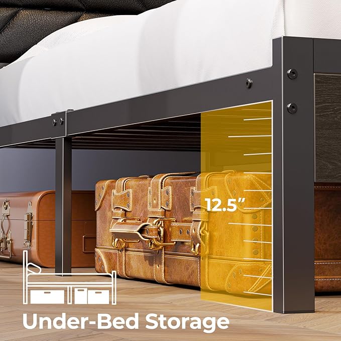 Seventable Full Size Bed Frame with Charging Station & LED Lights, Upholstered Headboard with 2-Tier Storage Shelves, Metal Platform with Under Bed Storage, No Box Spring Needed, Easy Assembly, Black