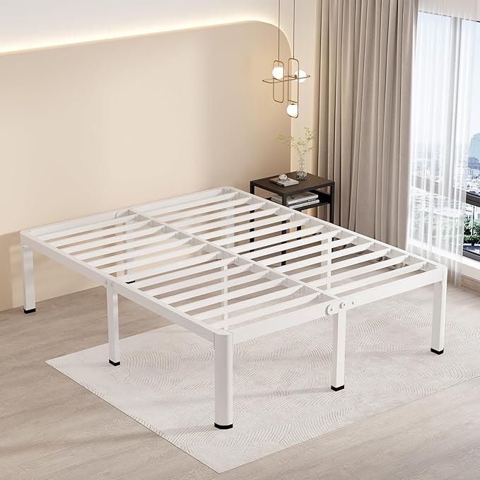 MAF 18 Inch California King Bed Frame White with Round Corner Legs Mattress Slide Stopper No Box Spring Needed Heavy Duty Metal Platform Bed Frames, 3000 LBS Steel Slats Support