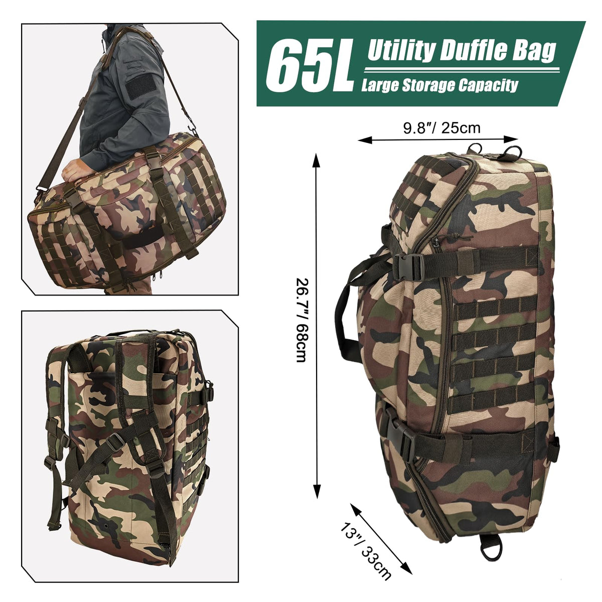 Hannibal Tactical 65L Large Duffle Bag, 3-in-1 Tactical Backpack MOLLE Pack for Gym, Sports, Outdoor, Woodland