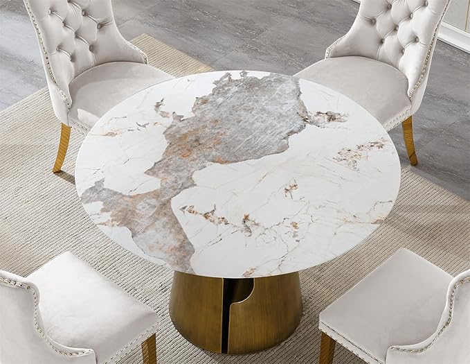 5-Piece Faux Marble Round Dining Table Set for 4, Modern Luxury Kitchen Table Set for 4 with Beige Tufted Chairs,Circle Dining Tables with Pandora Grain Top and Bronze Pedestal Base