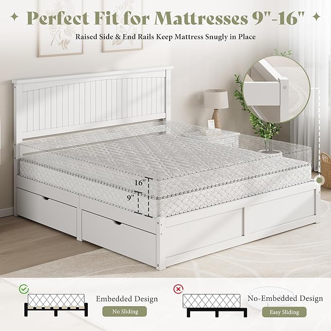 AMERLIFE Full Size Solid Wood Bed Frame with 50" Tall Headboard, Mid-Century Modern Bed with Storage Drawers, Wooden Platform Bed with 2 Drawers, No Box Spring Needed, White