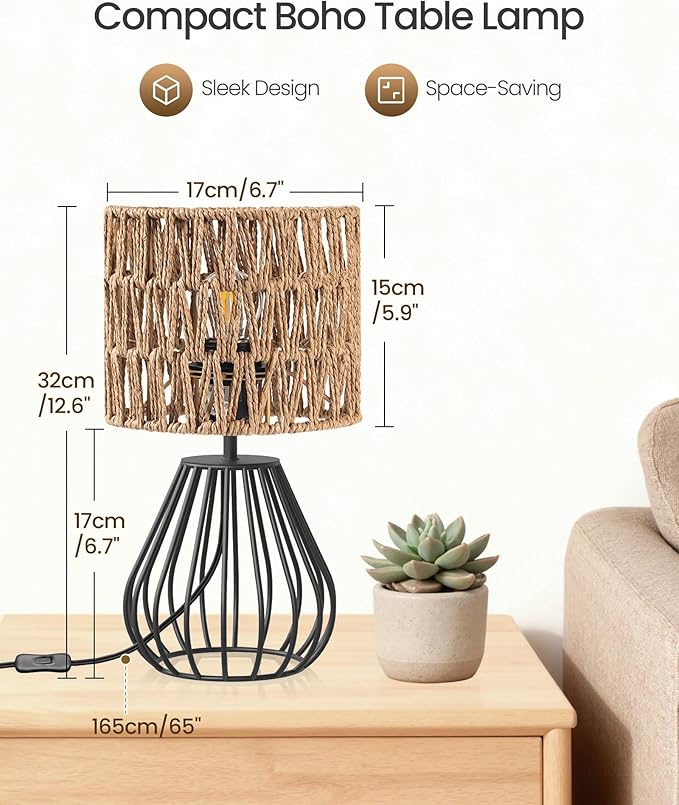 Small Bedside Lamp, Boho Table Lamp with Handwoven Paper Lampshade & Black Metal Base, Rattan Desk Lamp, Modern Nightstand Lamp for Bedroom, Living Room, 2700K LED Bulb Included, HW06TL05