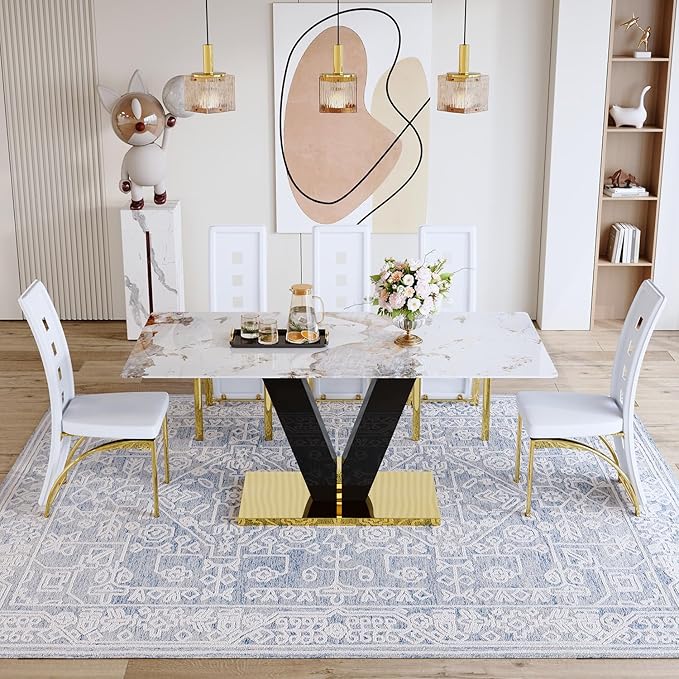 Marble Dining Table for 6,71'' Gold Dining Table with Faux Marble Table Top and Glossy Black V-Shaped Base,Large Modern Dining Table Ideal for Dinner Parties Apartments Kitchen