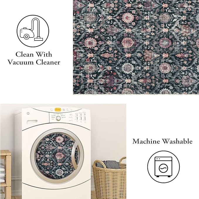 Lahome Moroccan Trellis Washable Rug, 2x3 Entryway Rugs for Kitchen Bathroom, Non-Slip Indoor Door Mat Ultra-Thin, Small Oriental Throw Carpet for Bedroom Entry, Black/Multi