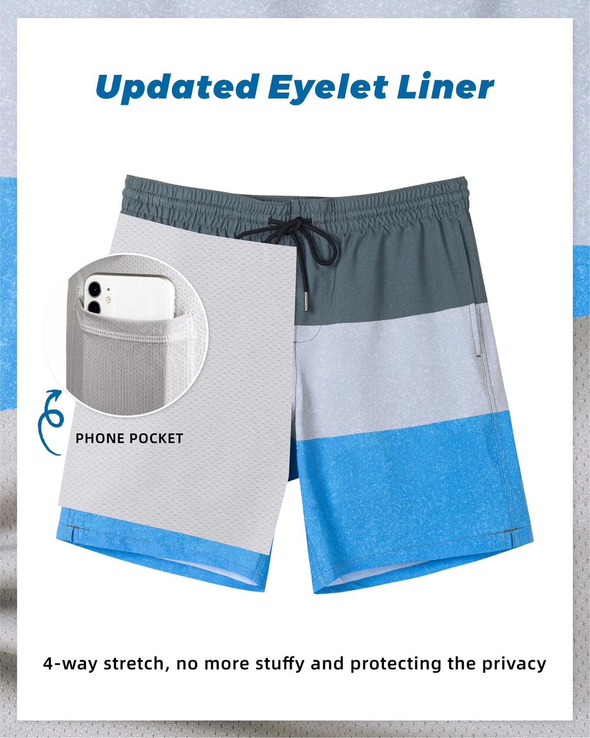 SURF CUZ Mens Swim Trunks with Compression Liner Quick Dry Swim Shorts 7" Swimming Trunks Stretch Zipper Pockets,Glacier Stripes,S