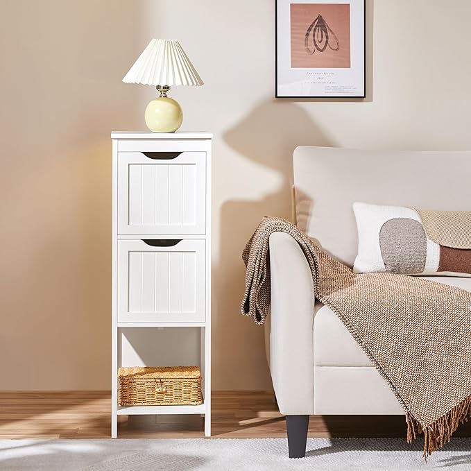 Yaheetech Bathroom Floor Cabinet, Wooden Storage Cabinet with 2 Drawers, Multifunctional Side Organizer Rack Stand Table, White