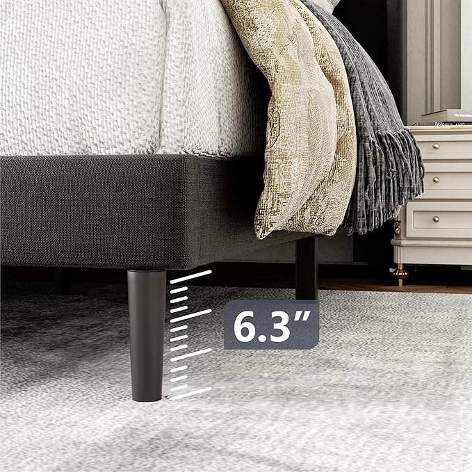 Full Size Bed Frame with Upholstered Wingback Headboard, Easy Assemnly Platform Bed, Wooden Slat Support No Box Spring Needed, Dark Gray