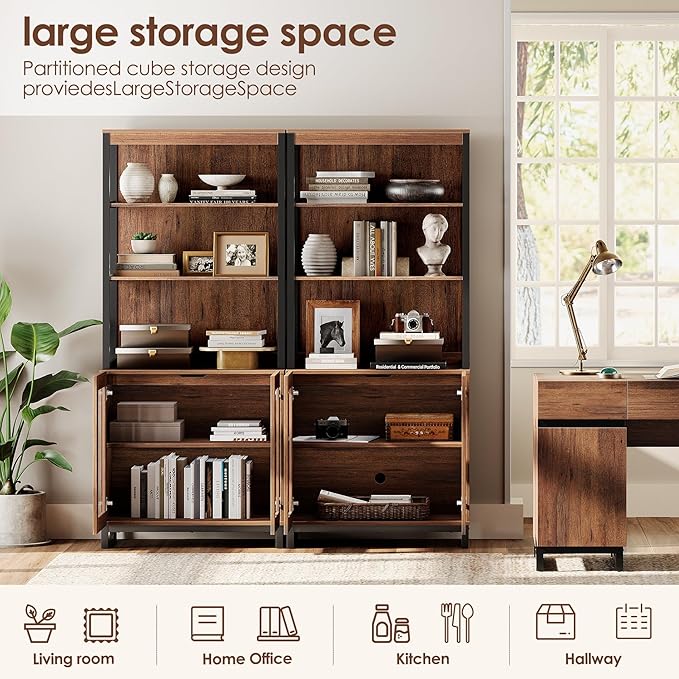 WAMPAT 4 PCS Modern 72" Tall Bookcases with Glass Doors and Adjustable Shelves, Library Book Shelf with Storage Cabinet and Open Book Shelfs, Wood Bookshelves for Home Office, Living Room, Brown