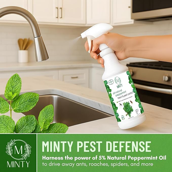 Minty Insect & Pest Control, Powerful & Natural 5% Peppermint Oil Spray for Ants, Spiders, Bed Bugs, Dust Mites, Roaches and More - Indoor and Outdoor Use, 128 fl oz Gallon