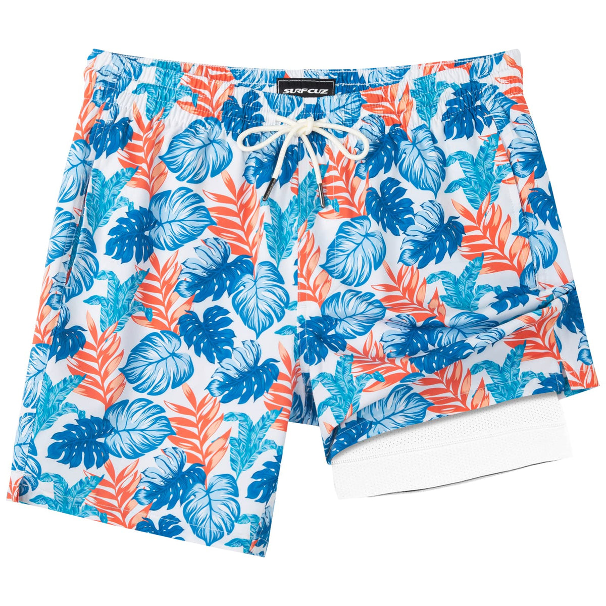 SURF CUZ Mens Swim Trunks with Compression Liner Quick Dry Swim Shorts 7" Swimming Trunks Stretch Zipper Pockets Multi-Colored Leaves Small
