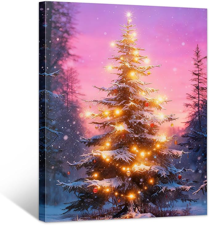 Framed Christmas Pictures Wall Decor,Vintage Pine Tree Prints,Winter Christmas Canvas Wall Art Decoration for Bedroom Bathroom Living Room Rustic Xmas Holiday Gifts (Christmas Tree 18, 16'' X 20'')