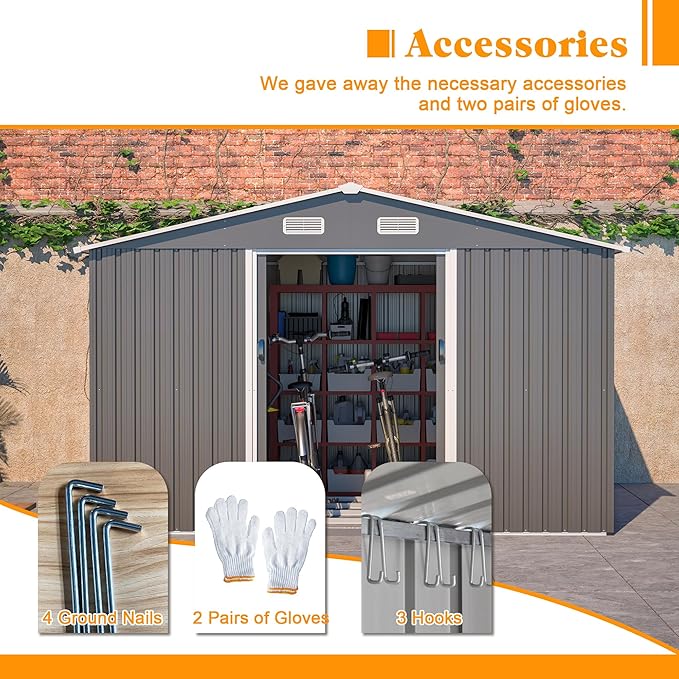 10x8 FT Sheds & Outdoor Storage Garden Metal Shed with Floor Included Lockable Sliding Door and Air Vents Foundation Steel Shed with Air Vents Waterproof Roof Ideal for Backyard Patio Lawn Dark Gray