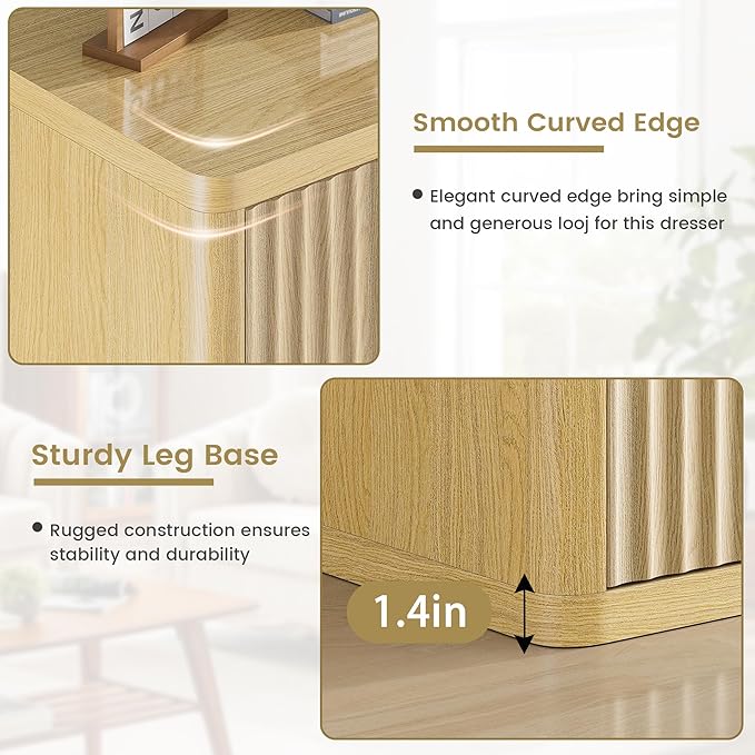 Natural 6 Drawers Dresser for Bedroom, 48" Wide Wood Chest of Deep Drawers with Curved Profile, Handleless, Modern Fluted Dresser TV Stand, Storage Closet Drawer Organizer for Bedroom