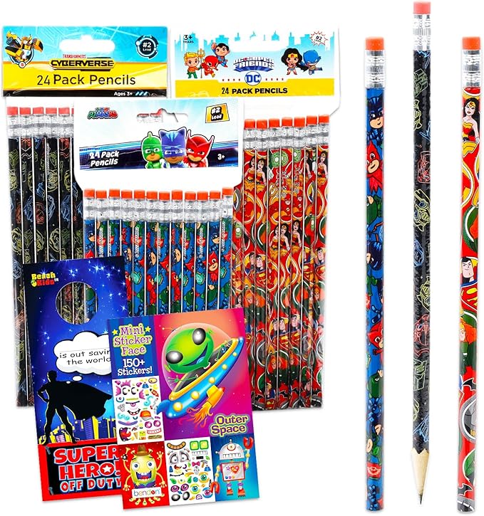 Bulk Pencils for Boys Classroom - Bundle with 72 Pencils for Preschool Kindergarten Classroom Prize Box Featuring Transformers, DC Super Friends, PJ Masks | Toddler Party Favors and Supplies