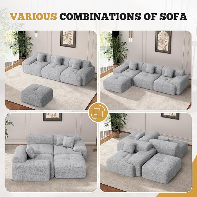 122" Modern Boneless Couches for Living Room, Convertible L Shaped Modular Sectional Sofa,4 Seater Cloud Couch Sofa Set, Light Grey 1 PCS