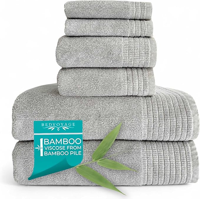 BedVoyage Luxury Bath Towels Set of 6 - Ultra Soft Plush Bathroom Towel Set - Highly Absorbent Viscose from Bamboo Bath Towels Ultra Soft - Spa Towel for Body - Stone