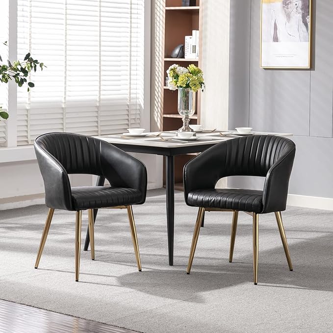 Modern Dining Chairs Set of 2, Upholstered PU Leather Gold Dining Room Chairs with Hollow Back, Accent Armrest Kitchen Chairs with Gold Legs for Living Room Black