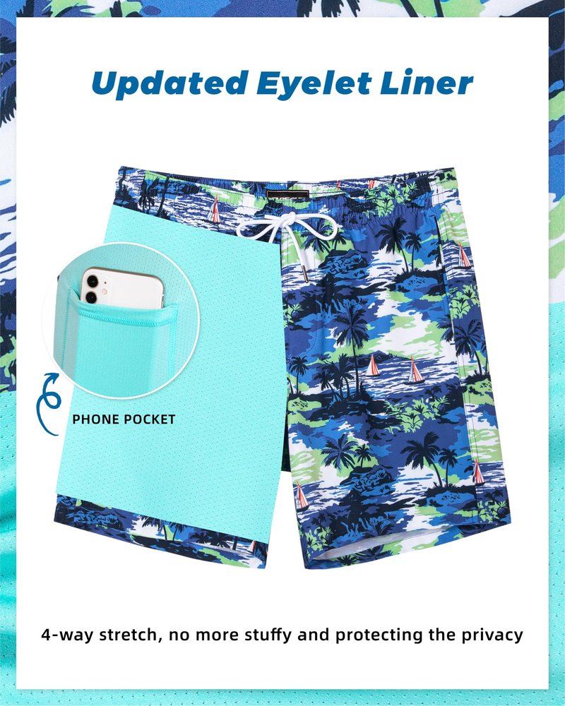 SURF CUZ Mens Swim Trunks with Compression Liner Quick Dry Swim Shorts 7" Swimming Trunks Stretch Bathing Suit 7 Inch,Blue Sea,L