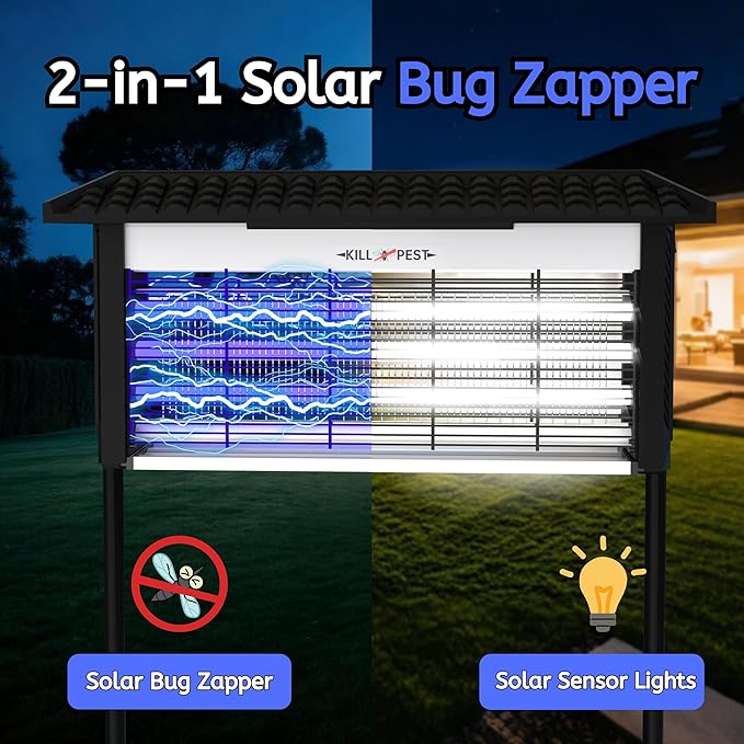 Solar Bug Zapper Outdoor Mosquitos Zapper Solar Powered Bug Zapper Outdoor Camping Fly Control for 4000 sq.ft Waterproof Fly Killer Solar Mosquito Zapper for Garden Lawn and Back Yard
