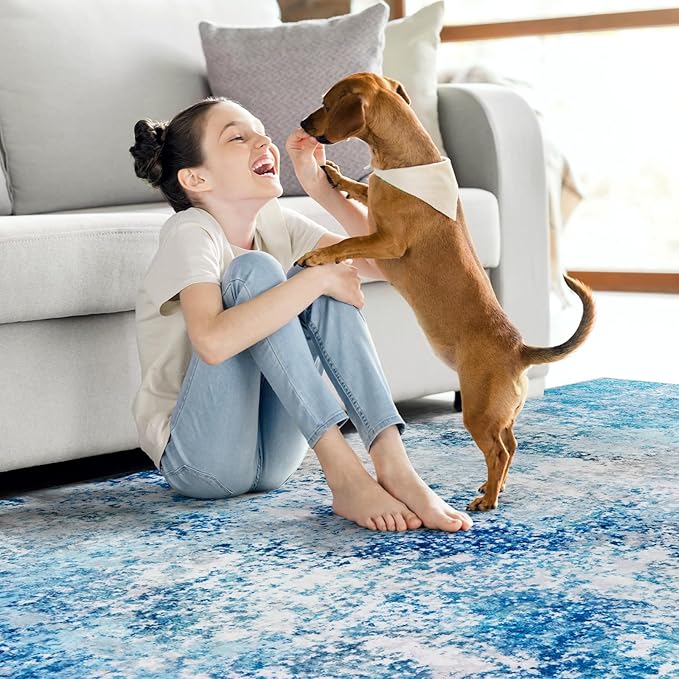 8x10 Area Rugs Living Room Rug - Washable Neutral Modern Abstract Large No Slip Soft Thin Rug Indoor Floor Carpet for Bedroom Under Dining Table Home Office Nursery Room - Blue White