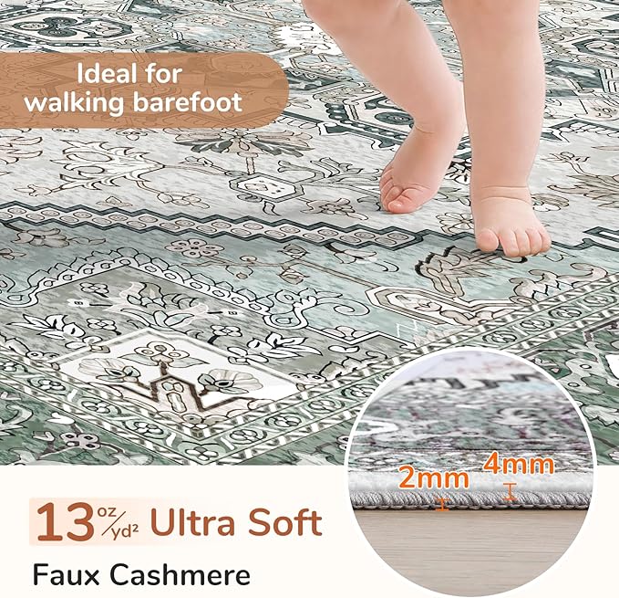 OPPODREAM Thin 6x9 Area Rugs, Washable Rug 6x9 with Non Slip Backing, Faux Cashmere Low-Pile 6 x 9 Carpet, Green