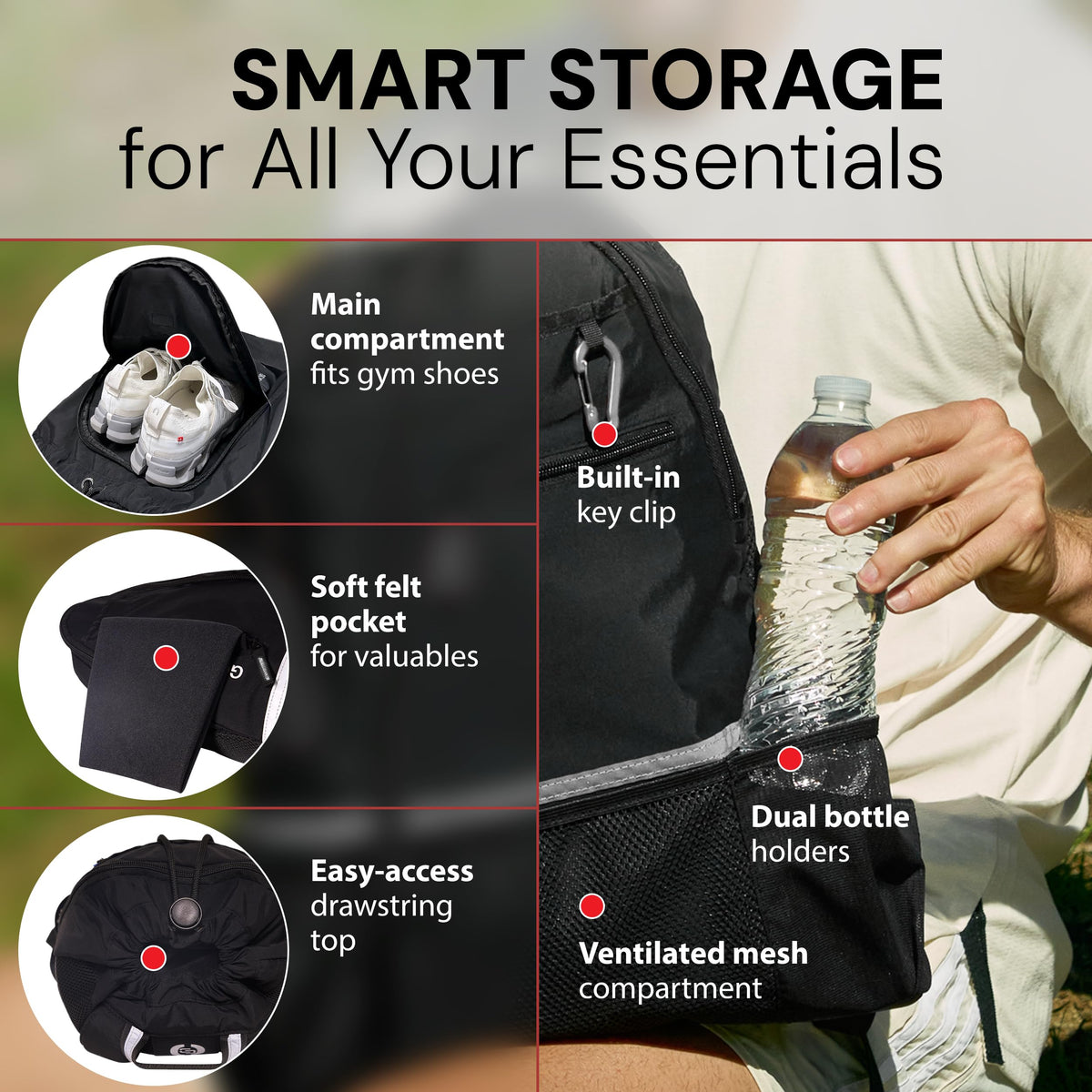 GOGUS Hybrid Gym Backpack for Men & Women with Closure - 18L Sports Backpack with Dual Water Bottle Pockets, Mesh Compartment for Gym, Travel - Water Resistant & Reflective Trim Workout Bag