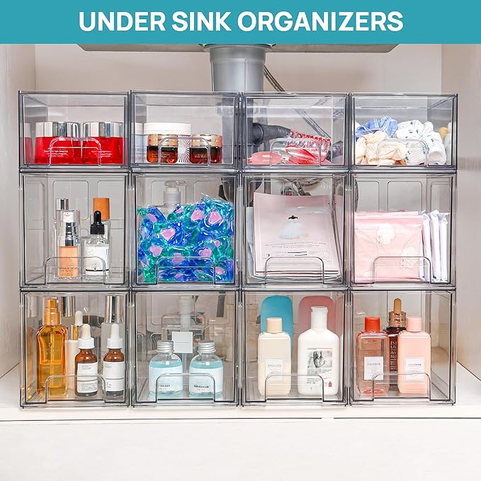 Vtopmart 2 Pack Stackable Storage Drawers, 6.6''Tall Acrylic Bathroom Makeup Organizers,Clear Plastic Storage Bins For Vanity, Undersink, Kitchen Cabinet,Pantry Organization and Storage