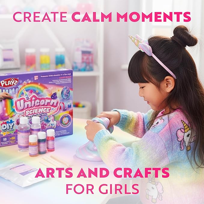 Playz Unicorn Slime & Crystals 100+ Science Experiments Kit Gift for Girls & Boys to Make Glow in The Dark Unicorn Poop, Snot, Fluffy Slime, Crystals, Putty, Arts & Crafts for Kids Age 8-12