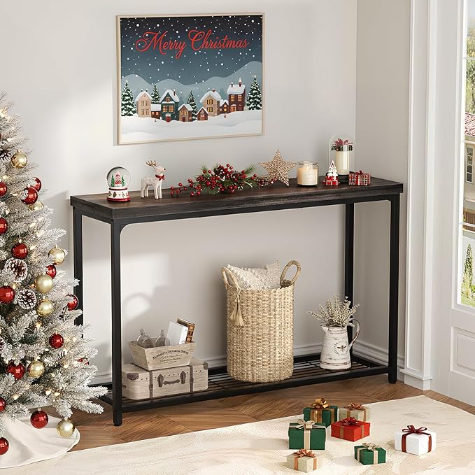 47" Console Table with Storage, 2 Tier Narrow Entryway Table, Sofa Table with Mesh Shelves, Console Tables for Living Room, Bedroom, Hallway, Entryway, Foyer, Oak Grey