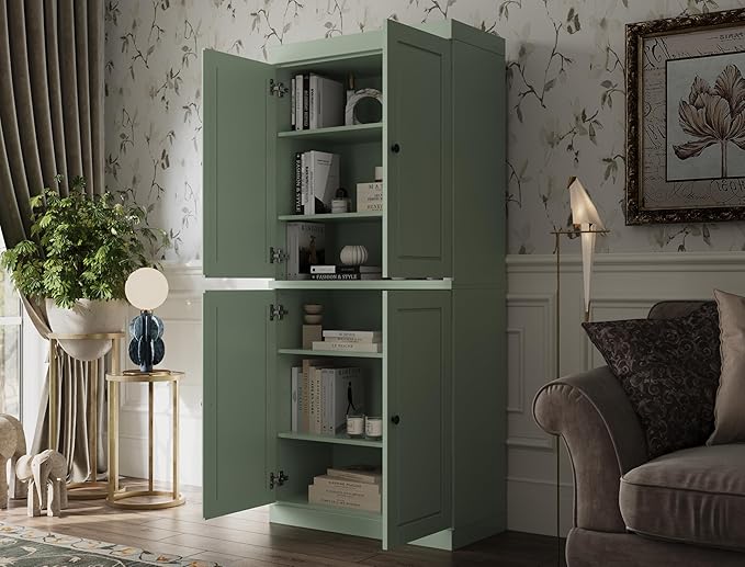 Palace Imports Solid Wood Bookcase - 6-Tier Bookshelf, 71.5” H - Sage, Wooden Cabinet Doors & Adjustable Shelves, Tall Bookcase for Living Room, 100% Renewable Eco-Friendly Wood, Made in Brazil