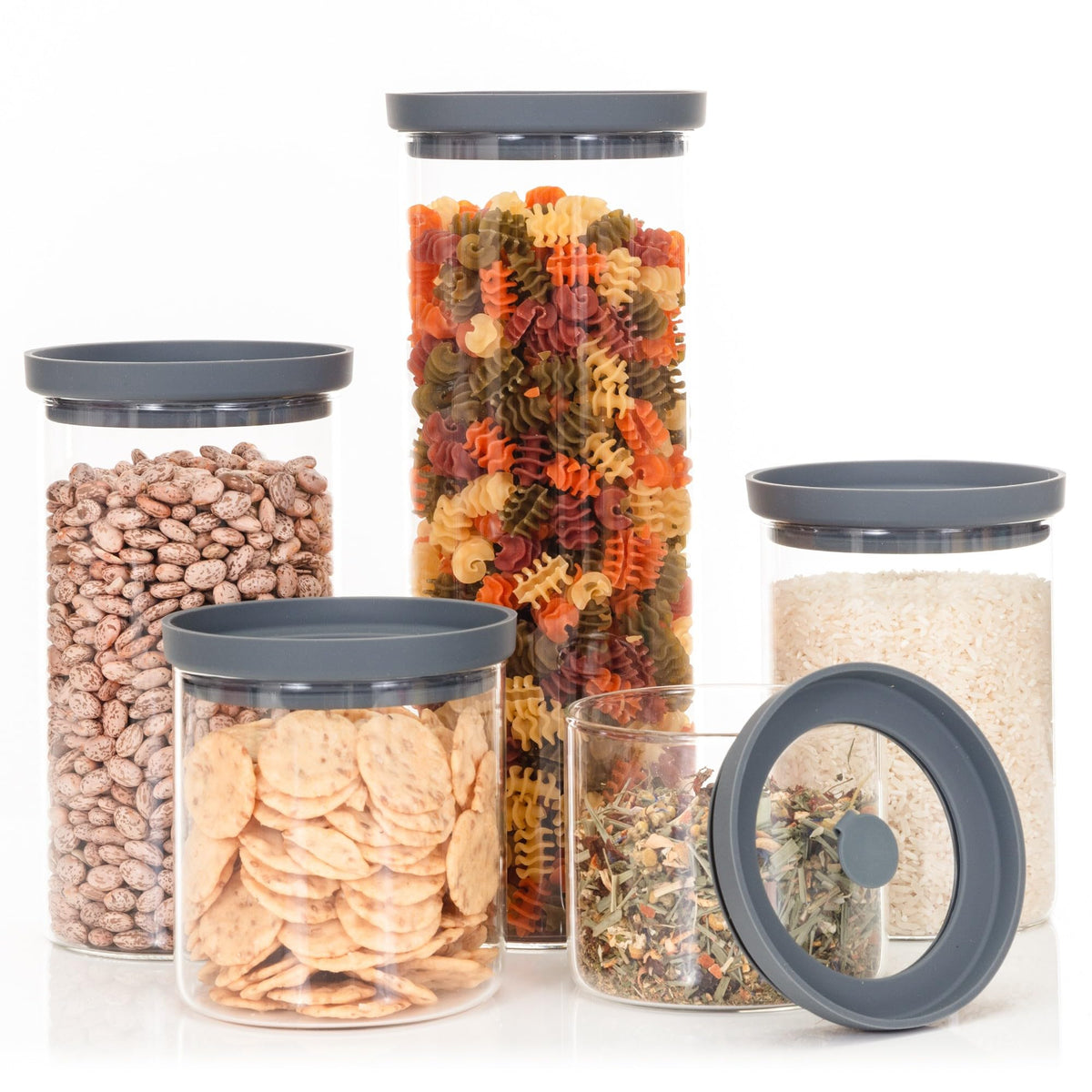 The Hazel Pantry Glass Spaghetti Kitchen Storage Containers with Airtight Silicone Lids, BPA-Free Pantry Glass Storage Jars with Airtight Lid for Pasta and Dry Foods - Set of 3 with Portion Tool