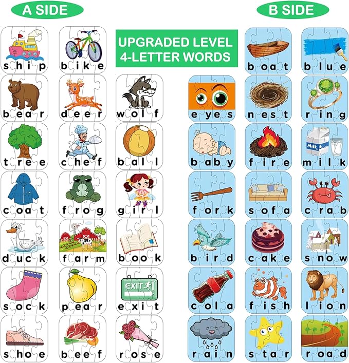 80 Words Self-Correcting Spelling Puzzles, Double-Sided Three and Four Letter Words with Matching Images, Perfect for Kids Age 3+ Year Old