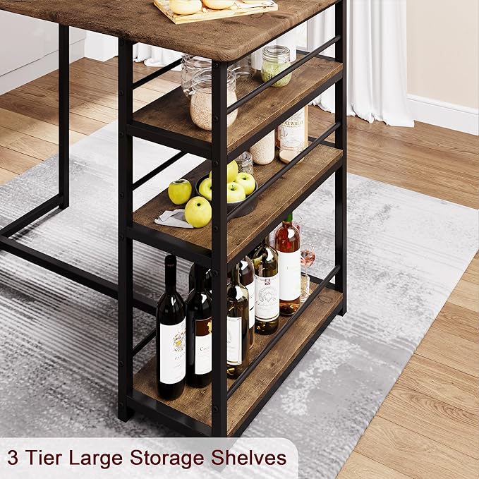 CABIHOME Dining Table Set for 2, Kitchen Table and Upholstered Chairs for 2, 3 Piece Counter Height Bar Table Set with 3 Large Storage Shelves for Small Space, Apartment, Studio, Rustic Brown
