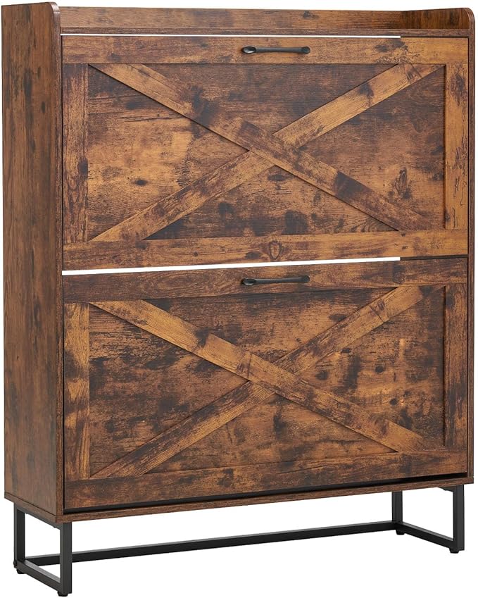 VEVOR Shoe Cabinet with 2 Flip Drawers, Farmhouse Shoes Storage Cabinet with Metal Legs and Anti-Tipping Device, Freestanding Shoe Organizer Ideal for Entryway, Hallway, Bedroom, Living Room, Brown
