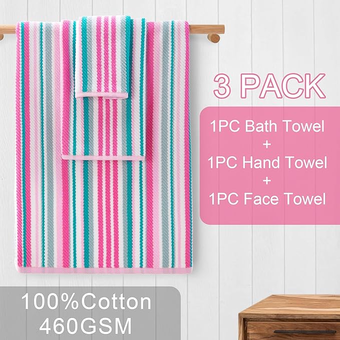 Pink Soft Towel Set (3PC, 100% Cotton), 1 Bath 28"x52", 1 Hand 16"x27", 1 Wash Cloth 13"x13, Quick Dry Towels with Hanging Loop, Striped Absorbent Towels Set for Bathroom & Guest, Pink and Aqua Stripe
