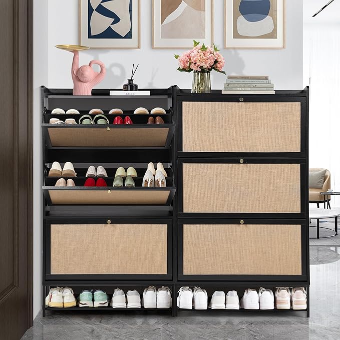 LEVNARY Shoe Storage Cabinet with 3 Flip Drawers, Freestanding Shoe Cabinet Storage Organizer for Entryway, Wooden Narrow Shoe Racks Cabinet with Metal Legs for Hallway (Black)