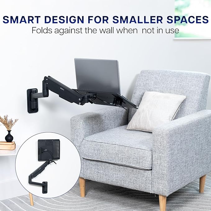 VIVO Sit-Stand 14 Inch Pneumatic Laptop Tray Wall Mount, Articulating Height Adjustable Typing Platform, Floating Workstation, Ergonomic Tilt, Black, MOUNT-KB35L