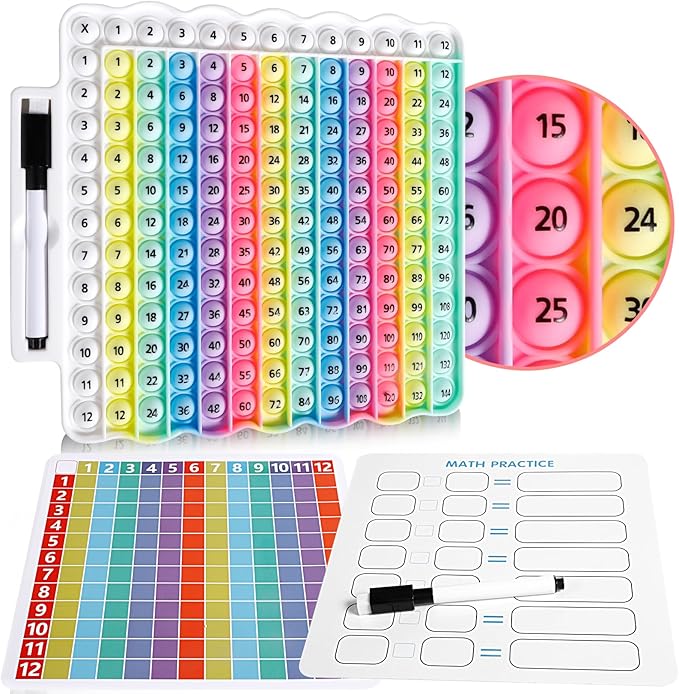 e4 Pop Multiplication Table Game Learning Toy Educational Math Game with Marker, Rainbow Colors Math Multiplication pop 12x12 boardmultiplication Flash Cards 3rd Grade Addition Stress Toy