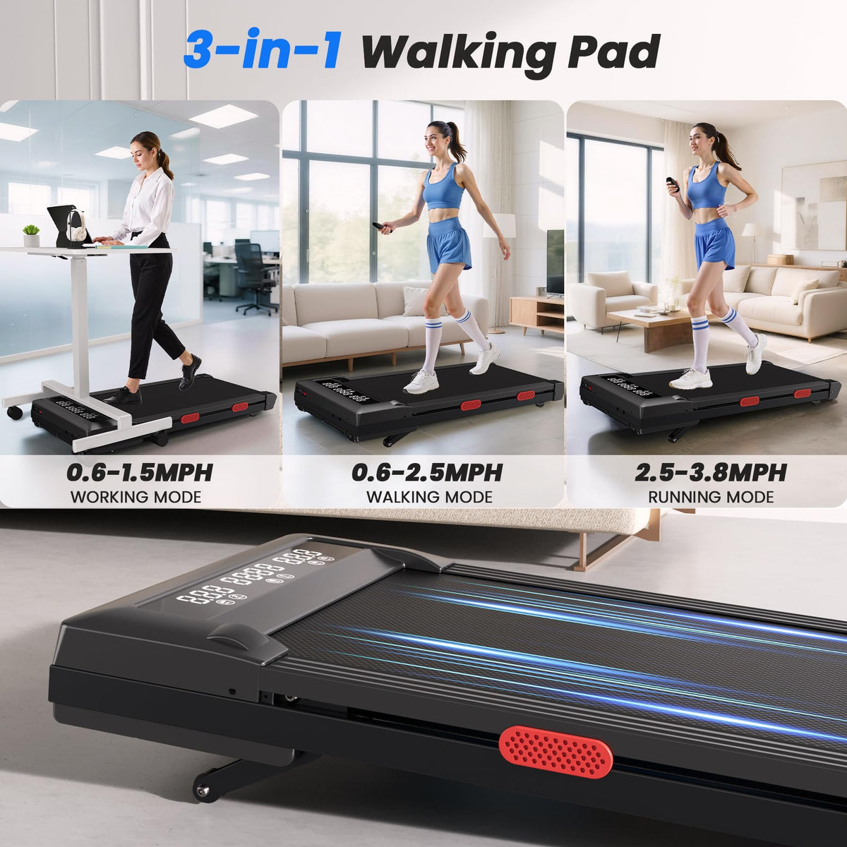 Superun Treadmills Walking Pad with 9% Auto Incline for Home Office, 3 in 1 Under Desk Walking Pad with Wide LED Display, Walking Pad with Smart APP & Remote Control, 300 Lbs Capacity