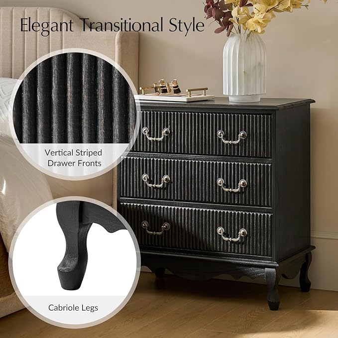 HULALA HOME Transitional Side Table with 3 Drawers and Charging Station, 28" Solid Paulownia Wood Sidetable with Vertical Stripe, Charcoal