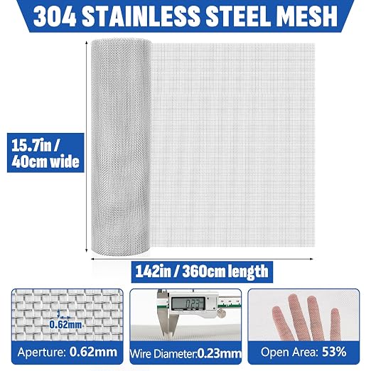 30 Mesh 304 Stainless Steel Mesh Screen, 15.7'' x 142'' Wire Screen Mesh