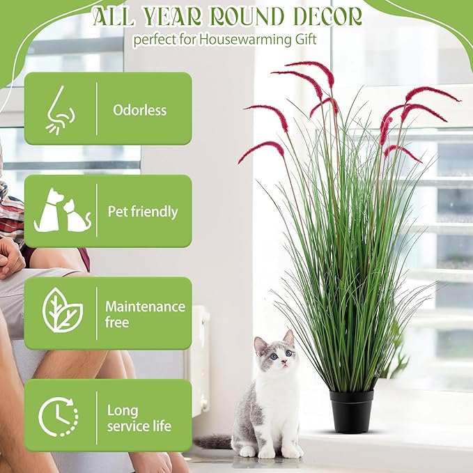 Jexine 4 Pieces Faux Plants Outdoor 4 ft Tall Artificial Grass Plant Potted Artificial Setaria Grass Faux Greenery Floor Plants for Housewarming Gift House Garden Lobby Outdoor (Purple)